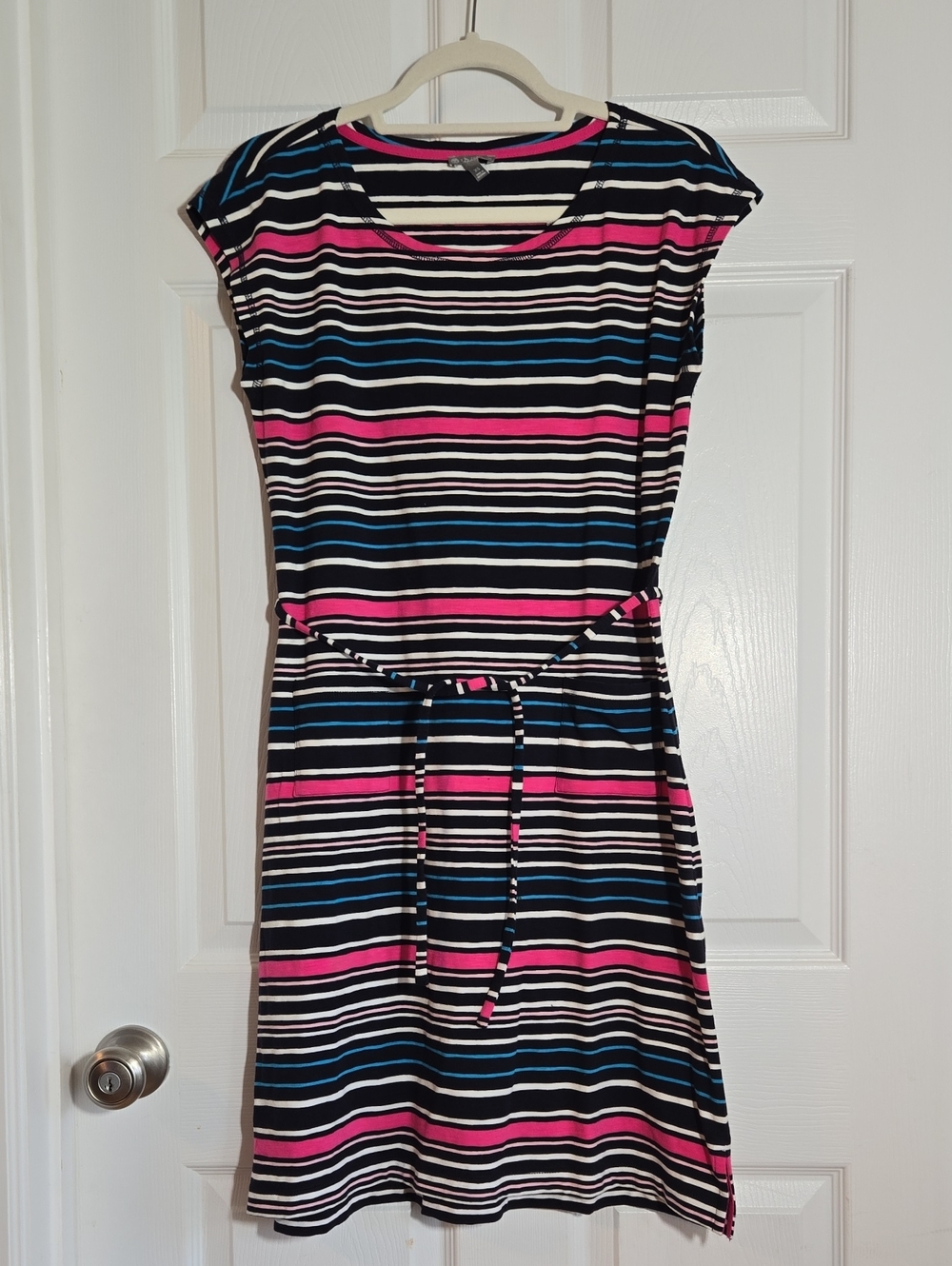 Talbots Black, Pink & Blue Striped Tie-Waist Mini Dress Size XS